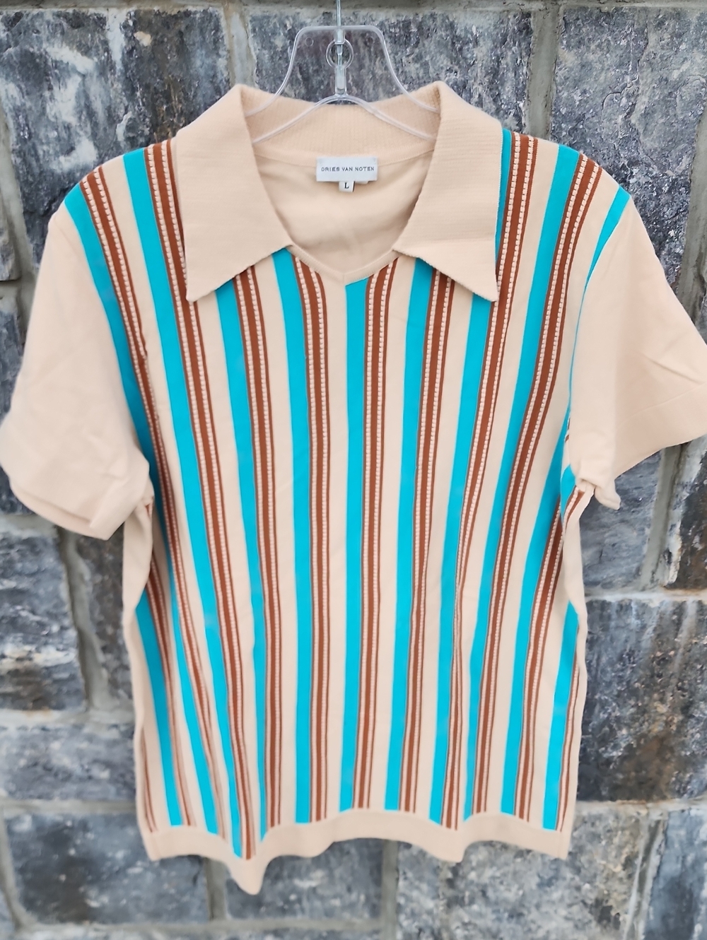 Dries Van Noten Beige, Turquoise & Brown Striped Short-Sleeve Polo